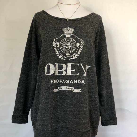 Obey Sweaters - OBEY Gray Logo Scoop Neck Oversized Sweater